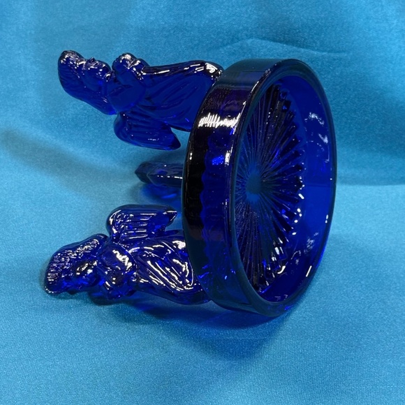 Vintage Cobalt Blue Glass Round with 3 Figural Praying Angels Candle Holder - Picture 3 of 10